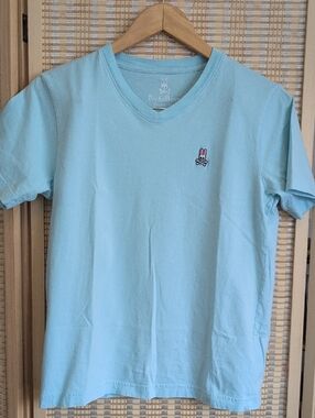 Psycho Bunny Kids Pastel Blue V-Neck Tee with Bunny Patch